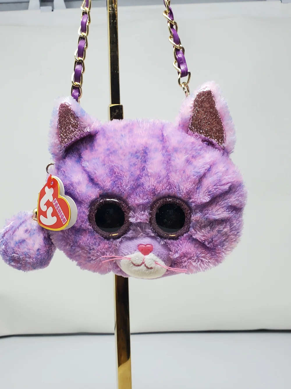 Ty Purple Plush Cat Crossbody Bag with Gold Chain